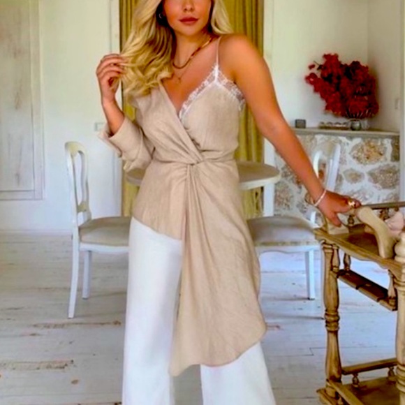 Zara Tops - New Zara Beige Tan Asymmetrical Cami V Neck Lace One Shoulder Blouse Top